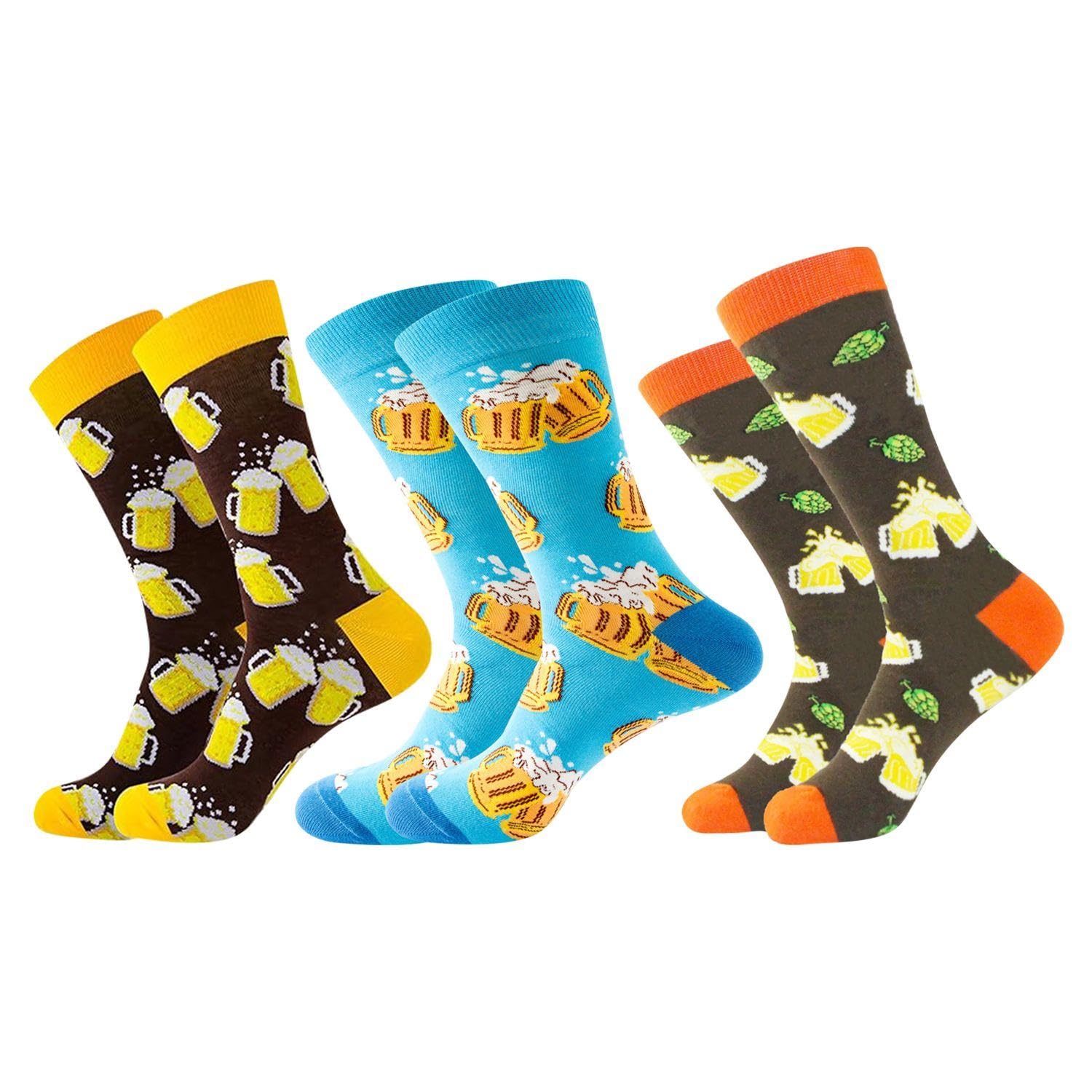 CYNOSURETECH 3 Pairs Of Beer Print Socks, Creative Socks, Fun Socks, Mid-Calf Socks For Men, Soft And Comfortable Cotton Socks