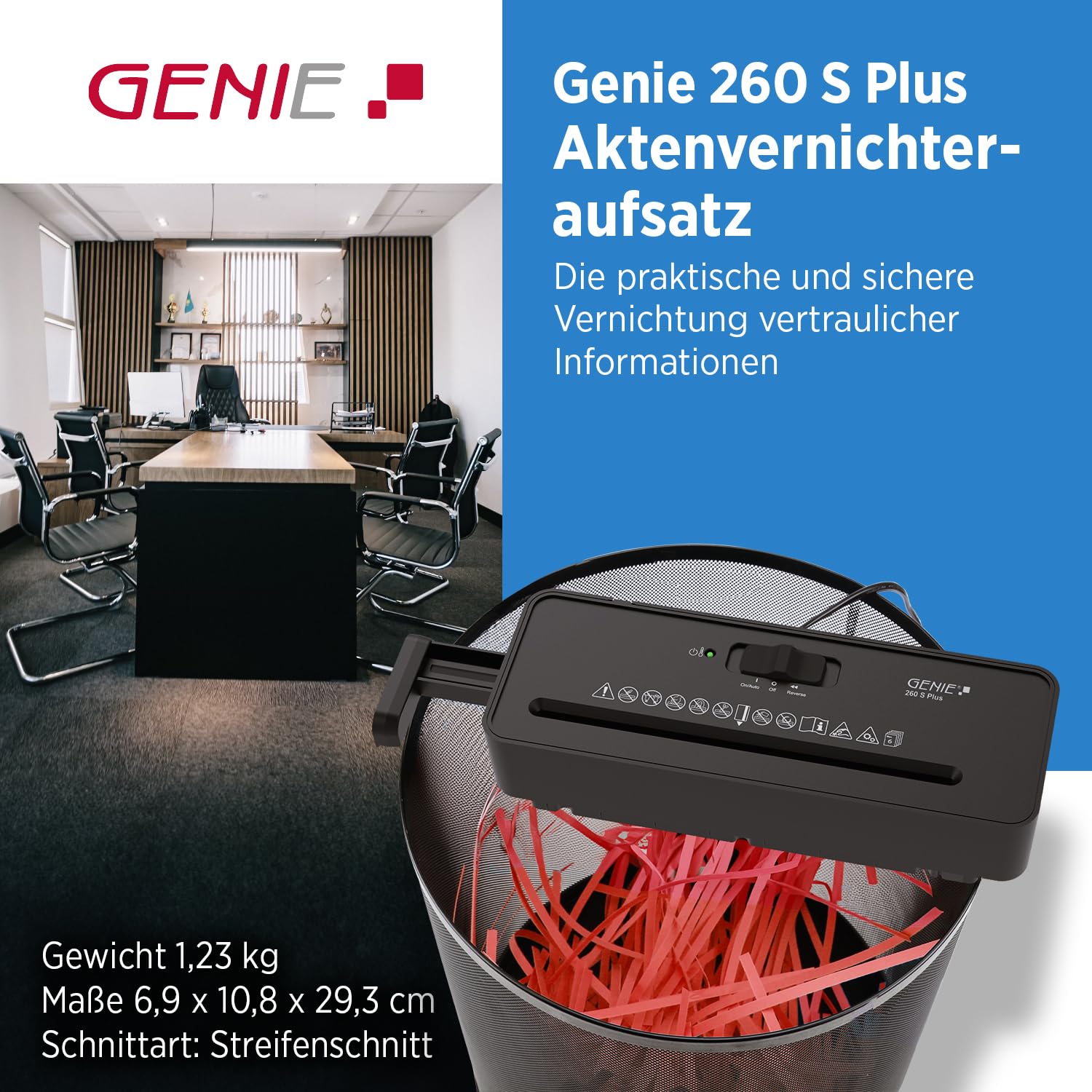Genie 260 S Plus Destructeur de Documents Papier Coupe en Bandes 6 mm Compact