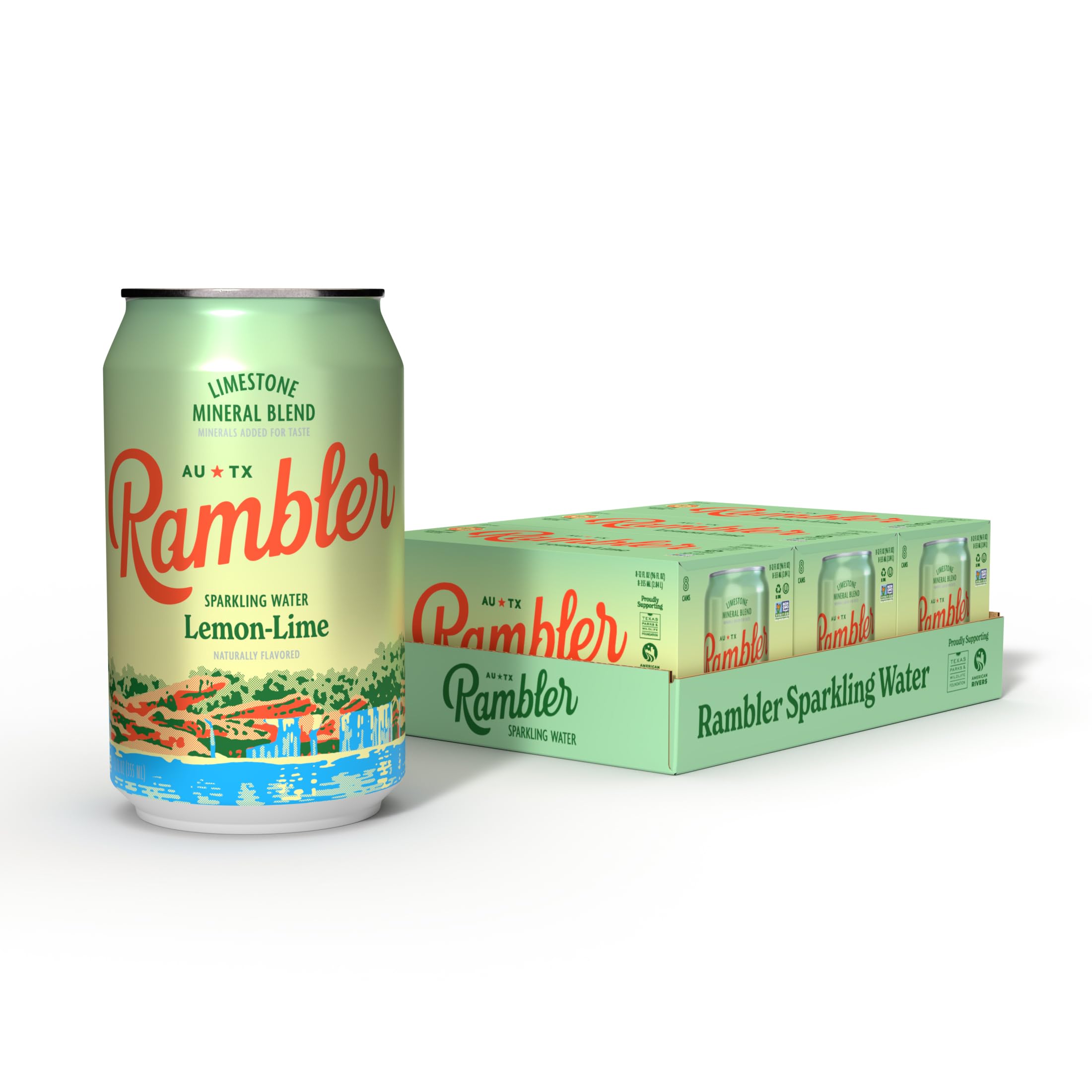 AUTX RAMBLER Sparkling Water, Texas Limestone Mineral Blend, Lemon-Lime Flavor, 12-Ounce Cans, Three 8-Packs (24 Cans)
