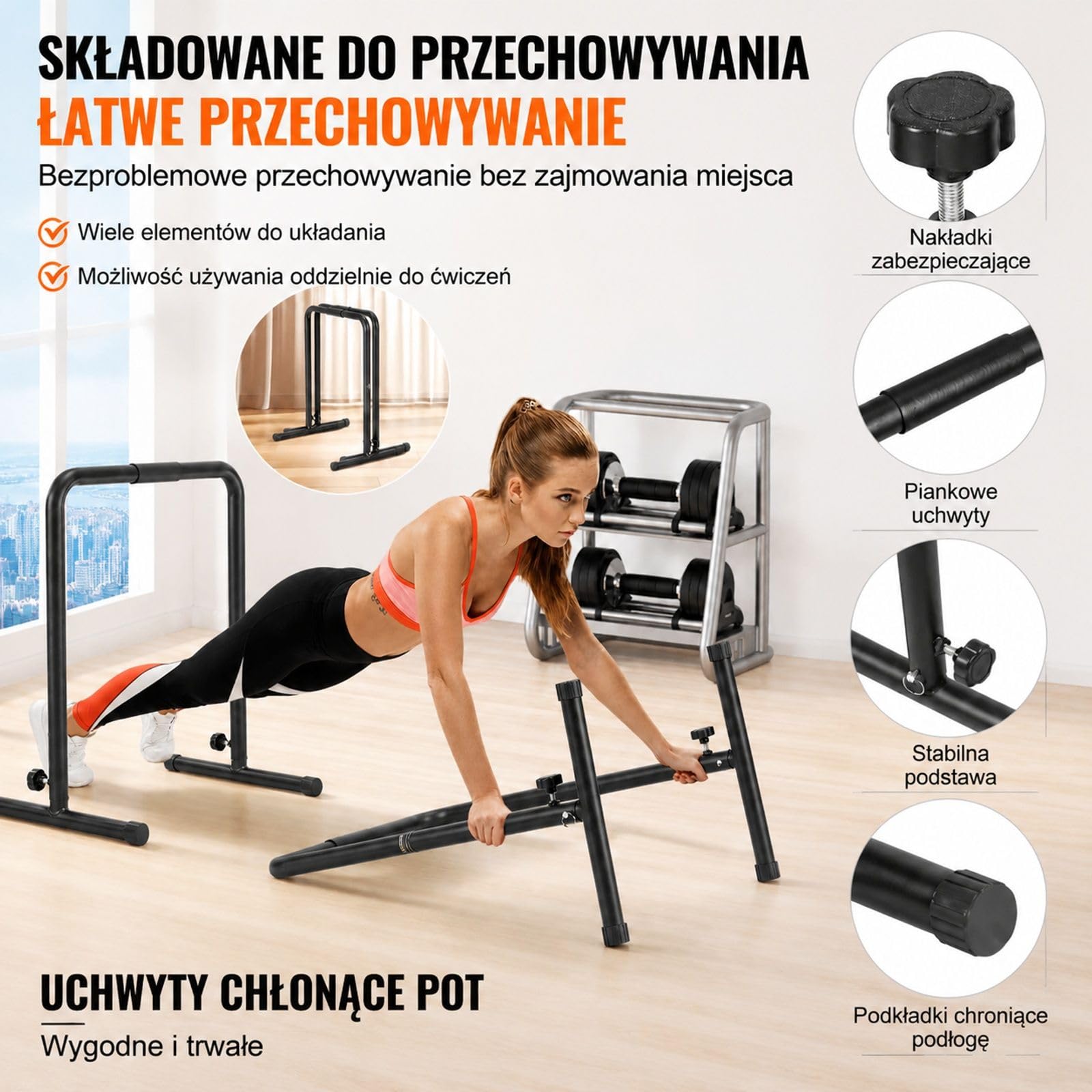 Stacja do dipów z regulowaną wysokością, poręcze równoległe, stojak do pompek i treningu siłowego w domowej siłowni