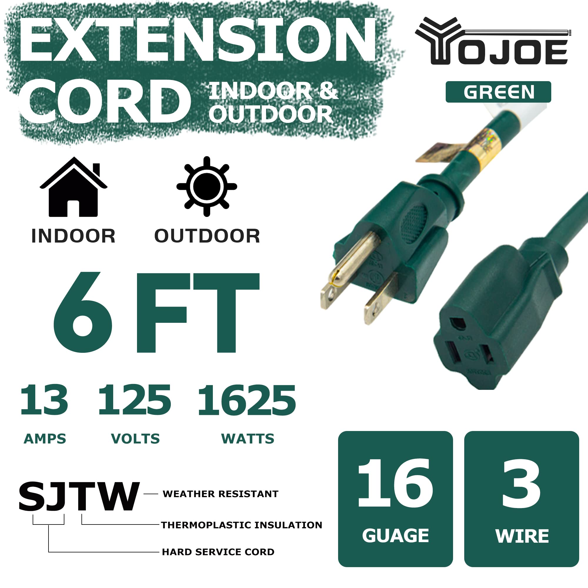 YOJOE - Cable de extensión verde de 6 pies para exteriores, 16/3 SJTW, cable de extensión de luz de Navidad impermeable con enchufe de 3 puntas a tierra, cable de extensión de calibre 16 para jardín,
