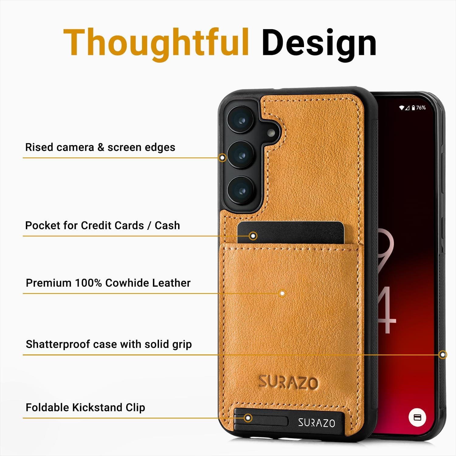 SURAZO Premium Genuine Leather Back Case for Samsung Galaxy A35 Case - Shockproof Leather Mobile Phone Case Cover with Card Slot, Stand Function, Key Chain, Vintage Slim Bumper Protective Case (Camel)