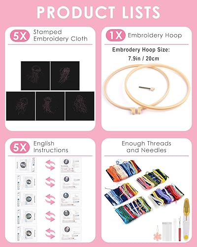 Miniatura 2 de TINDTOP Kit de bordado para adultos, 5 juegos Kit de bordado de medusas para principiantes, incluye aros de tela para bordar, hilos para amantes de