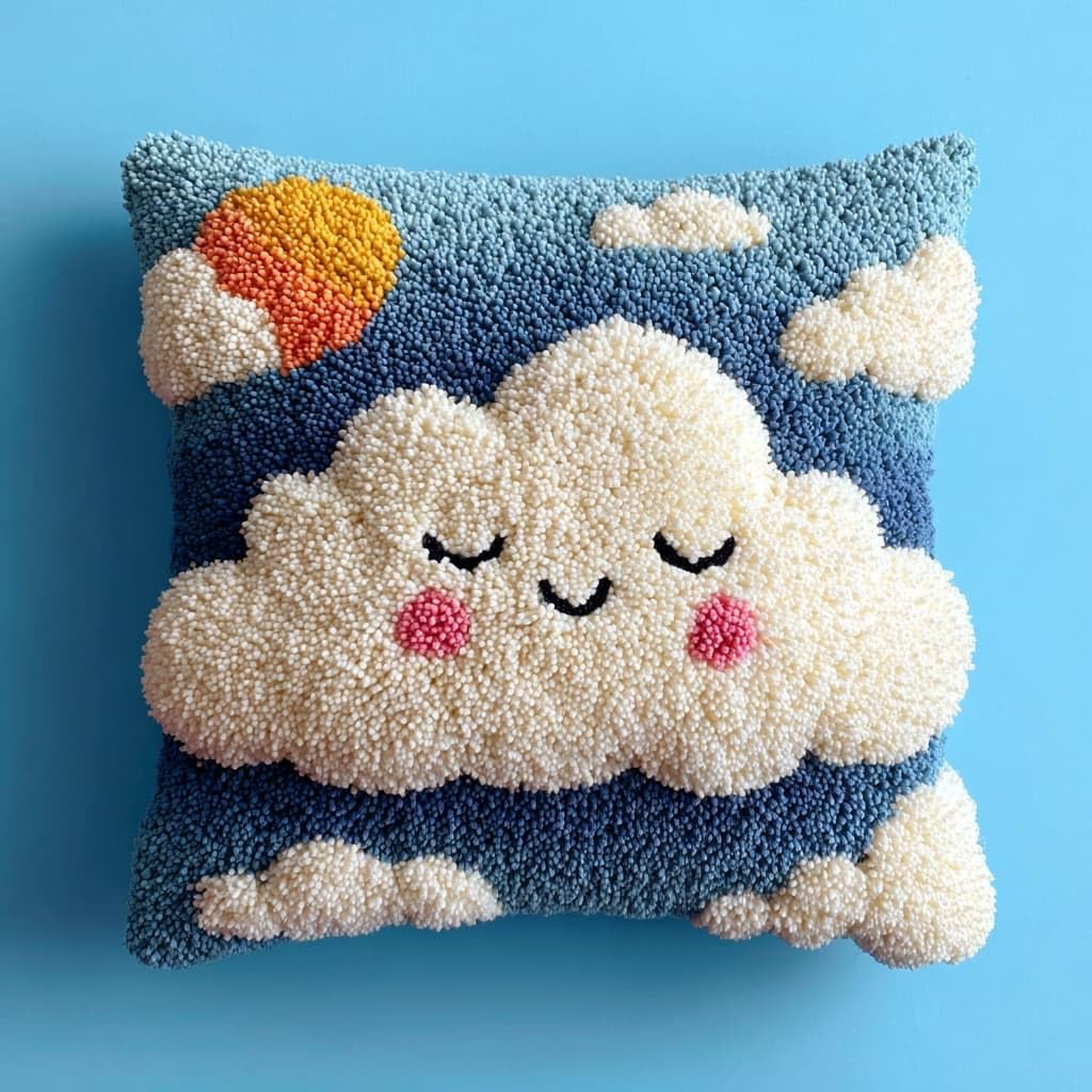 Henypt DIY Latch Hook Cushion Kit 43x43cm,Cartoon Smiling Cloud Complete Needlecraft Set with Pre-Cut Yarn & Tools,Creative Home Decor Gift for All Ages
