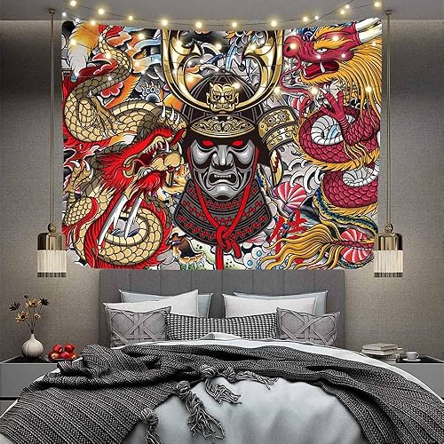 Miniatura 8 de Aidatain Tapiz samurái japonés de anime Oni para colgar en la pared, diseño estético de dragón japonés de franela grande de 80 pulgadas y 60
