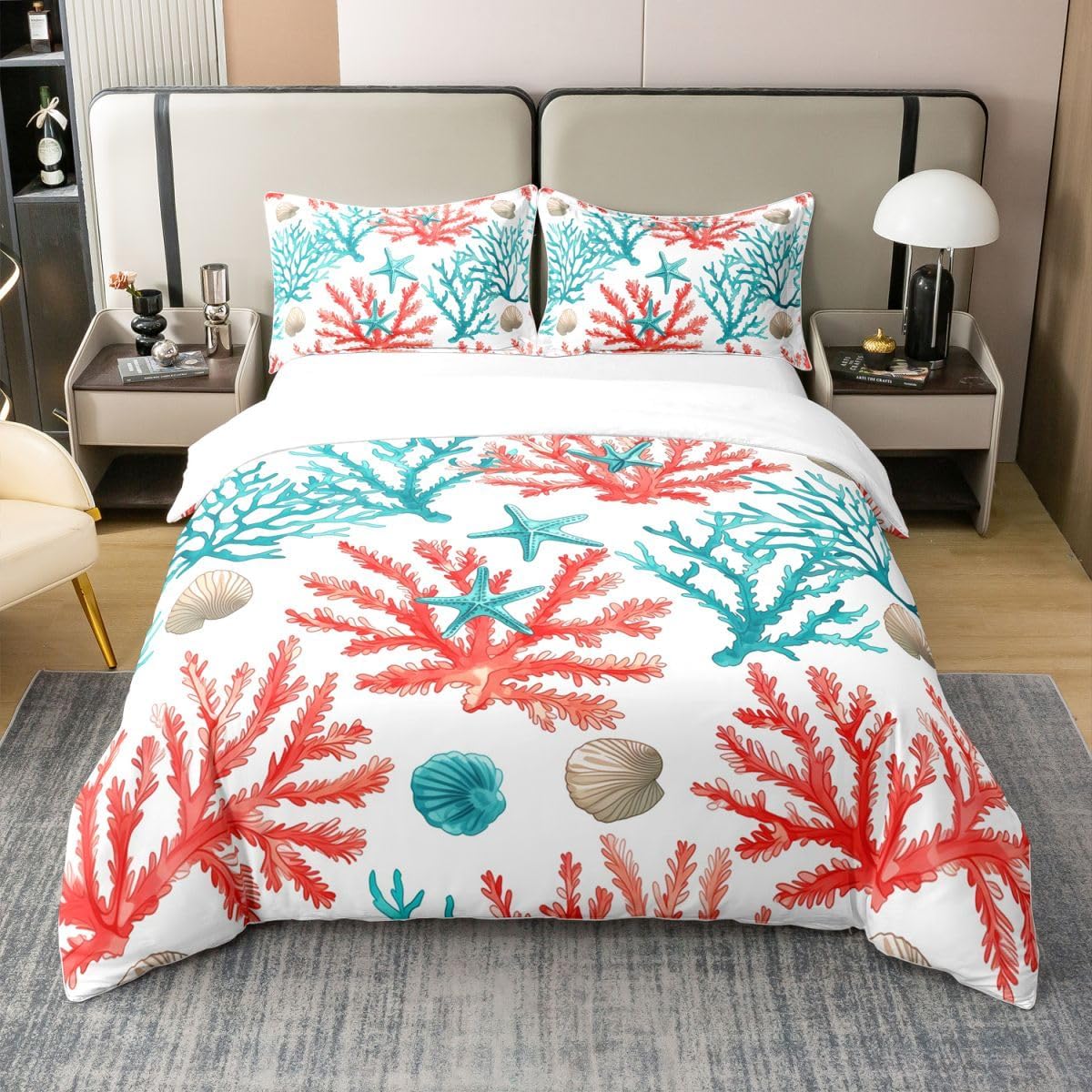 jejeloiu Sea Starfish Seashell Duvet Cover 100% Cotton Queen Size Boys Girls Marine Life Bedding Set Breathable Soft Coastal Summer Comforter Cover 3Pcs Bedroom Decor Microfiber Zipper Closure