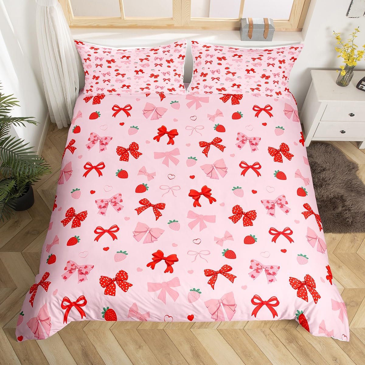 Homemissing Red Bow Bedding Set Super King Size Kids Strawberry Comforter Cover for Boys Girls Teens Cute Bowknot Duvet Cover Breathable Soft Lightweight Microfiber Kawaii Room Decor โ image 1