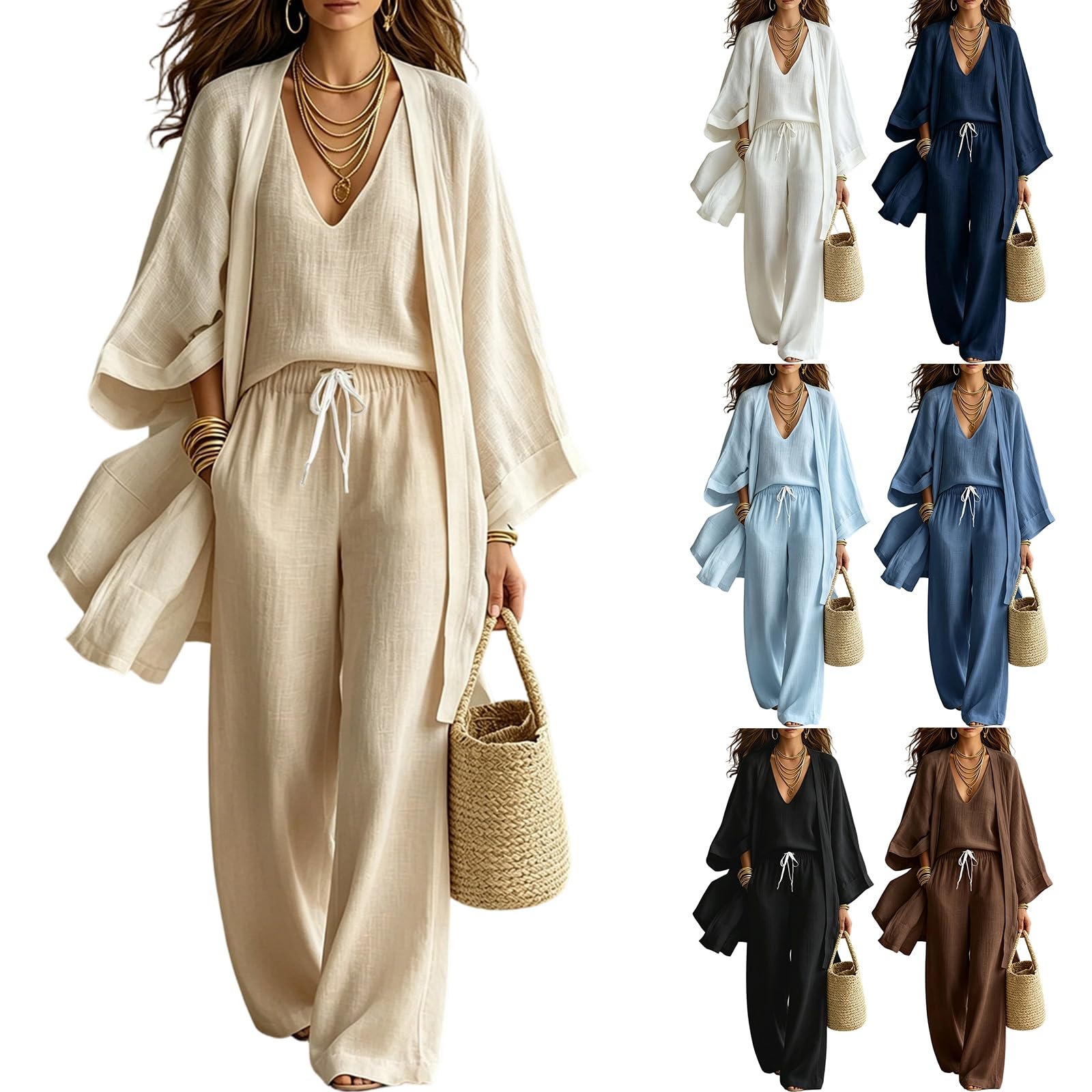 Hosenanzug Damen Musselinanzug Sommer Hausanzug Einfarbig Sommeranzug Elastisch Bund Hose Leinenanzug Frauen 2 Teiler Lässig Loungewear Bequem Jogginganzug Baggy Streetwear Für Büro Reisen