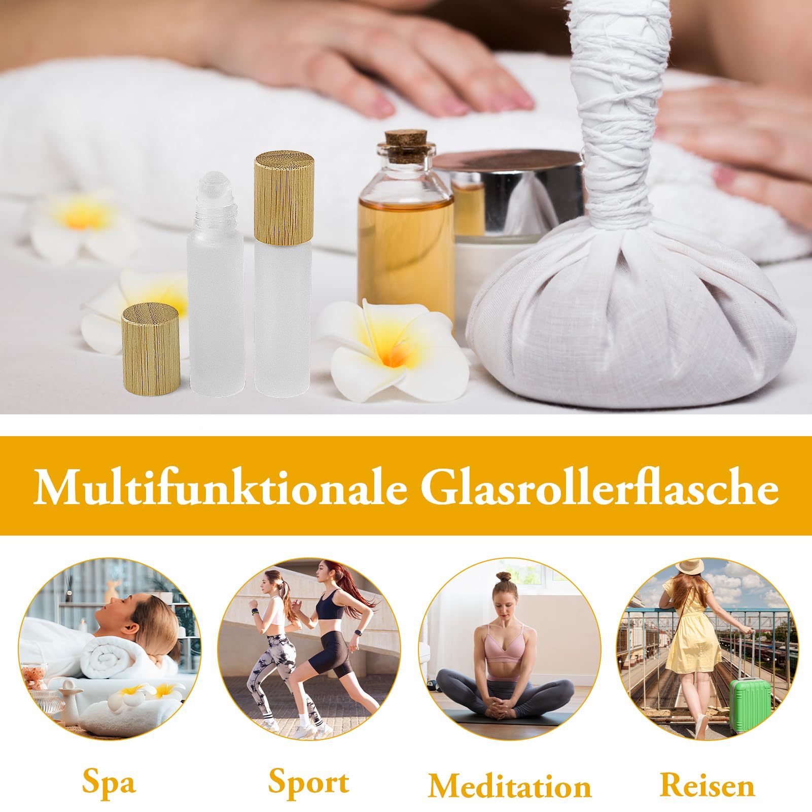 Lot de 25 bouteilles roll-on vides de 10 ml, en verre transparent, avec rouleau en acier inoxydable et bouchon en bambou pour huile essentielle, spa, massage