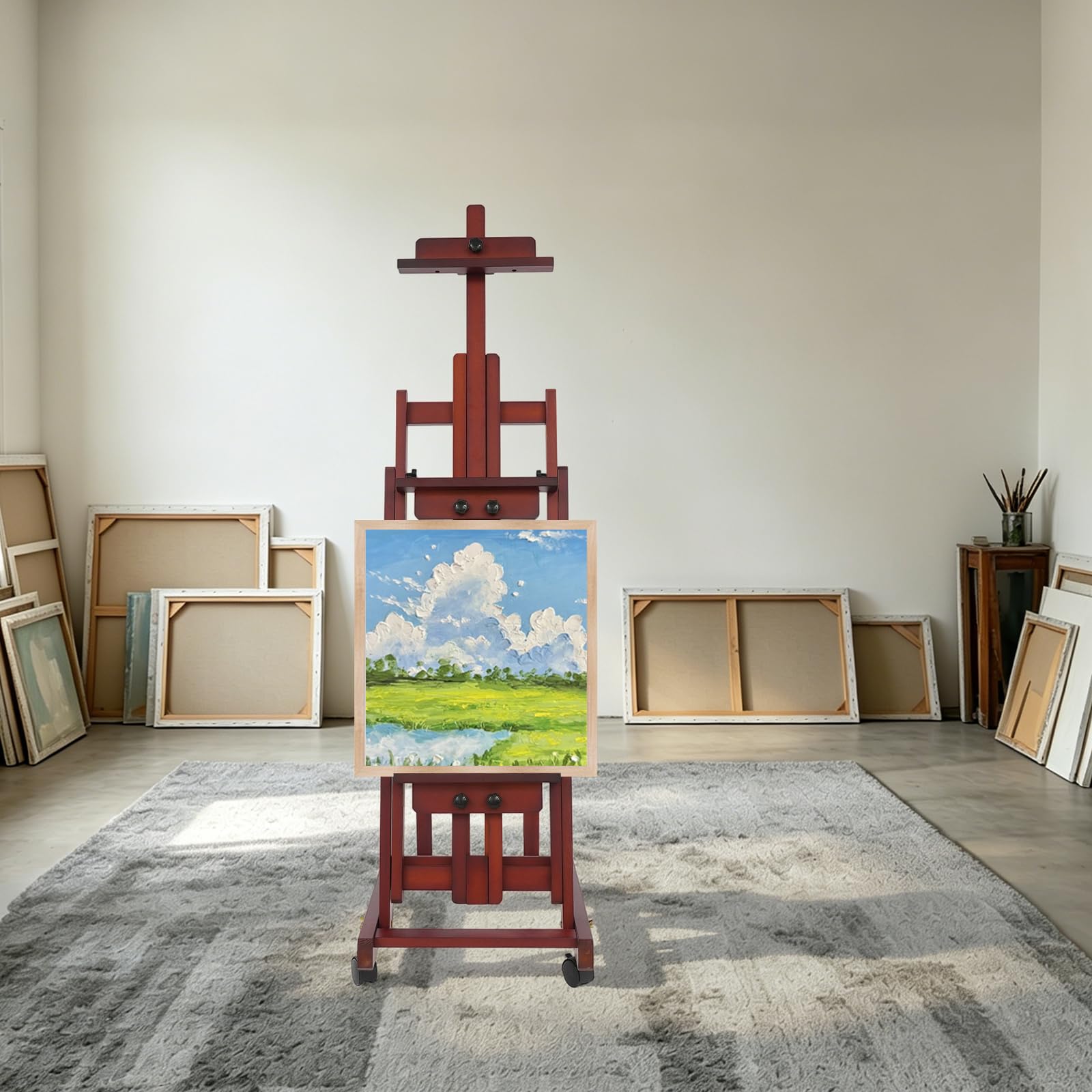 Caballete de estudio versátil con marco en H, altura ajustable de 53,15 a 94,49 pulgadas, con ruedas para pintura y visualización, caballete de madera grande para pintura 50 x 43 x 135-240 cm