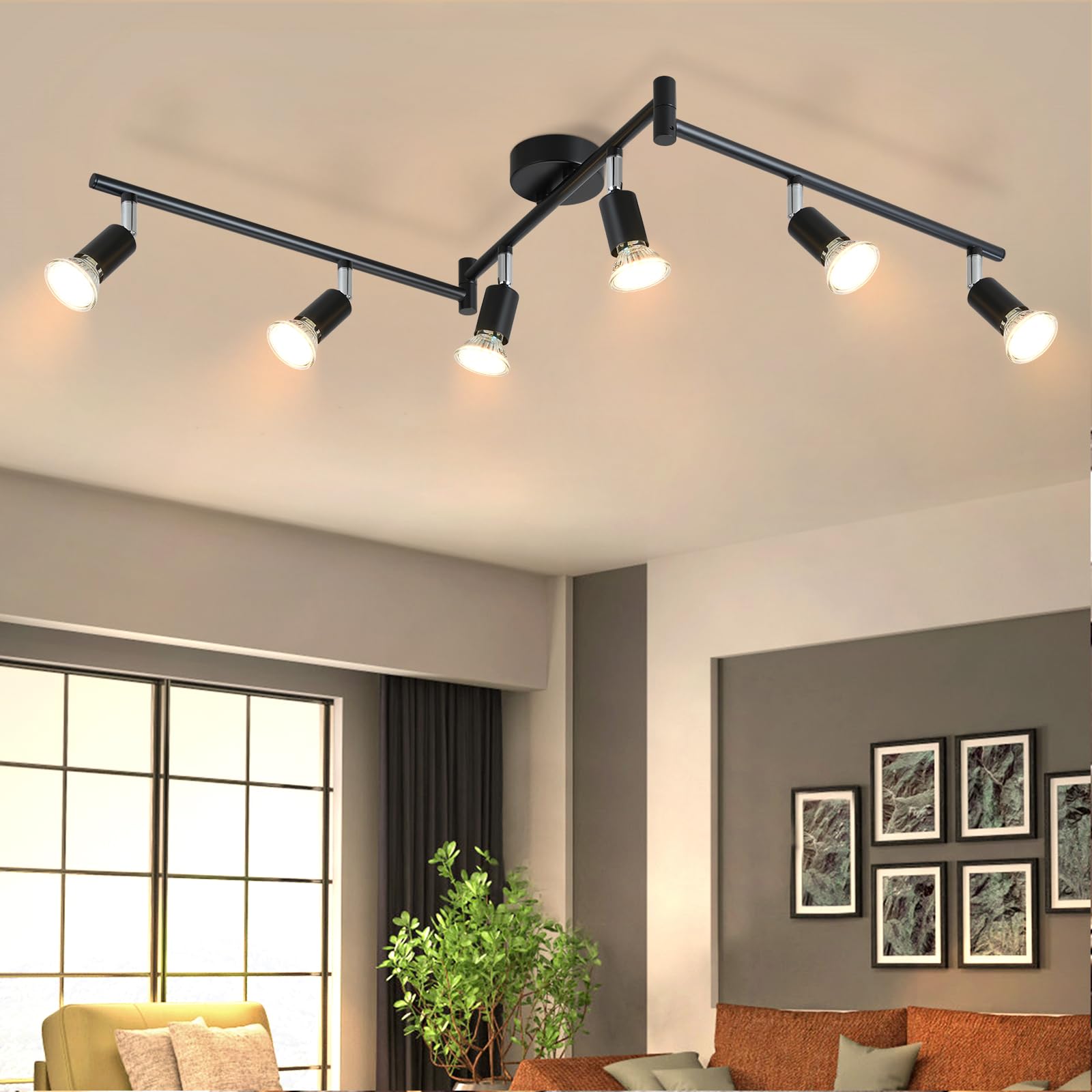 LED Plafoniera 6 Faretti Lampada Spotlight Soffitto GU10 | Girevole 330° Lampadario Industriale Parete Nero Soggiorno Cucina Salotto, Lampadina Non Inclusa