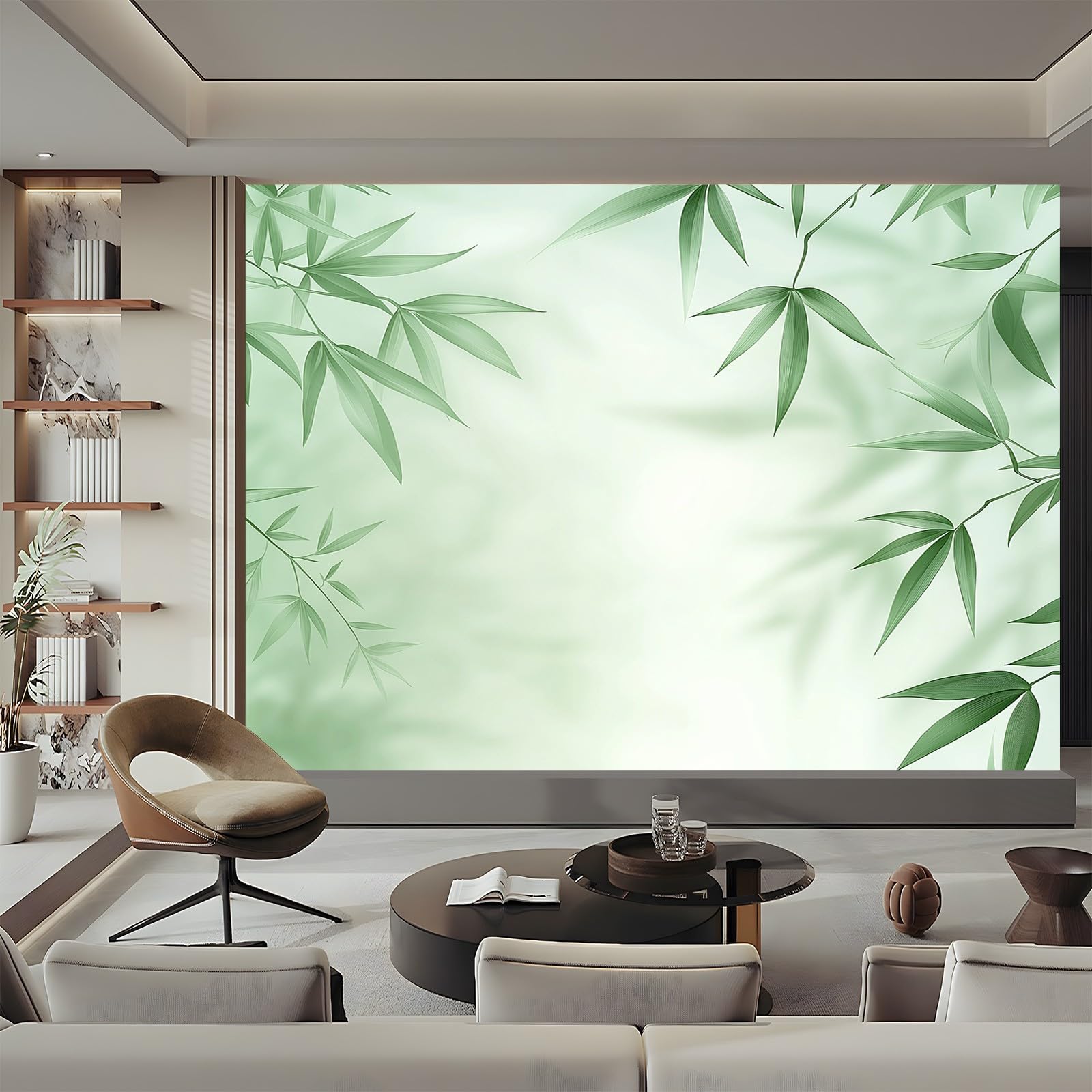 Panoramiczna tapeta Proste liście bambusa zielony biały 300 x 210 cm (szer. x wys.), gigantyczny plakat ścienny 3D nowoczesna tapeta dekoracja ścienna salon sypialnia sypialnia sypialnia biuro tapety