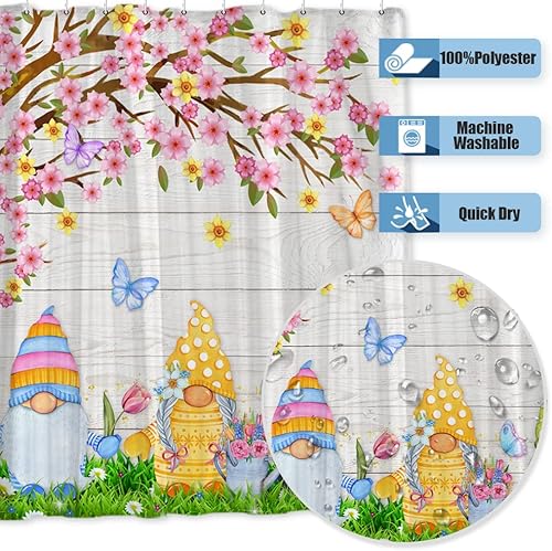 Miniatura 3 de Onecmore Cortinas de ducha con diseño de gnomos de primavera tablero de madera blanca flores y mariposas árbol floral pastizal casa de baño tela de
