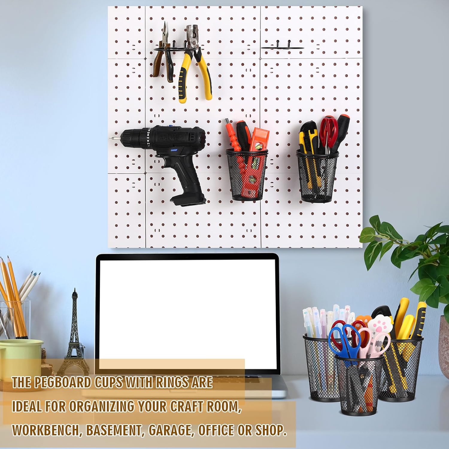 Spakon 6 Sets Pegboard Cups with Ring Hook, Peg Board Baskets Bin Holder Organizer Accessories Pegboard Pencil Cup Multipurpose Metal Pen Holder for Office Garage(Black,2.56x4.13x3.54'',Regular)