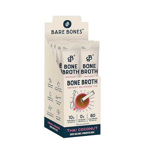 Bare Bones Mezcla instantánea de bebidas en polvo de caldo de huesos, coco tailandés, paquete de 8, barras de 0.53oz, 0.35oz de proteína, apto para