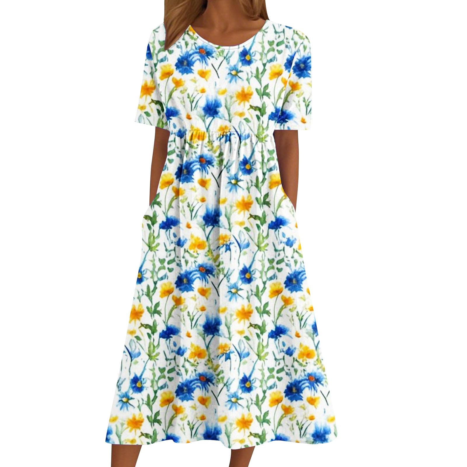 FOCLMP Summer Boho Floral Midi Dress for Women 2025 Short Sleeve Loose Flowy A Line Wedding Guest Long Dresses Trendy Outfits