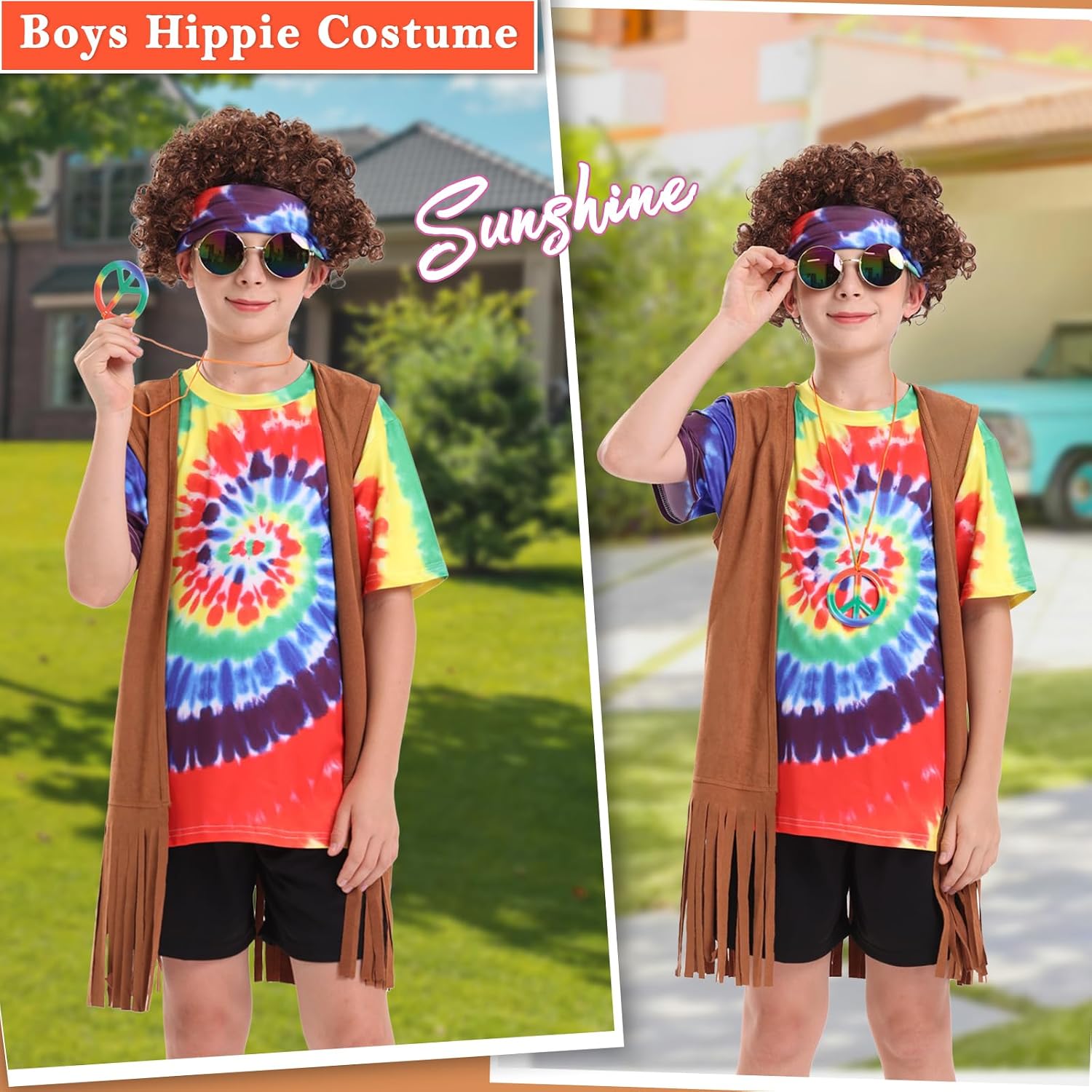 Boys 60s 70s Outfits 6 Pcs Hippie Costume Set Fringe Vest Kids Tie Dye Shirt Accessories for Halloween Carnival Party