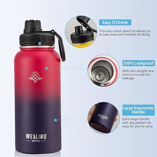 Miniatura 4 de LANGE HOME Botella de agua de acero inoxidable  Botella de agua deportiva aislada con popote y diseño degradado rojo morado, botella de agua fría