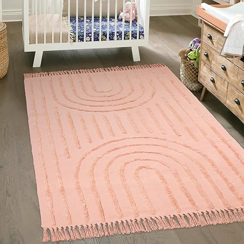 Lanffia Alfombra bohemia de 4 x 6 pies, moderna alfombra de arcoíris rosa para sala de estar y habitación de los niños, alfombra lavable con borlas