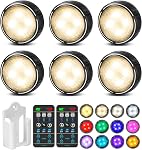 LED Puck Lights Battery Operated Under Cabinet Lighting, Closet Lights with Remote, Color Changing Under Counter Lighting, Stick On Lights for Kitchen, Bookcase, Cupboard, 6 Pack - Black