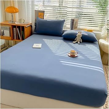 3 Pieces Soft Cotton Fitted Sheet with Elastic Bands Solid Color Non Slip Mattress Covers Bedsheet for Double King Queen Bed 140/160/200Blue,90x200x30cm
