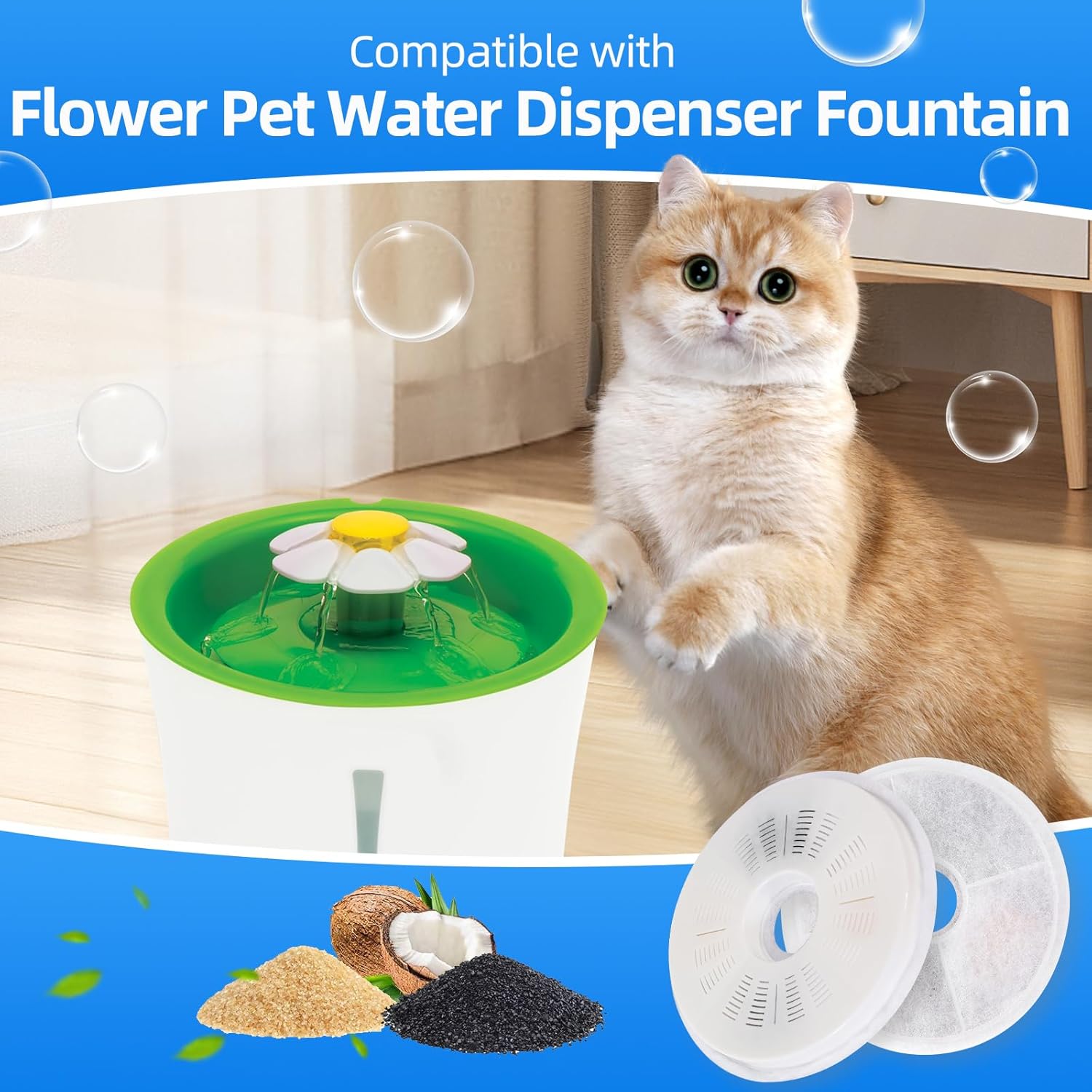 8-Pack Cat Fountain Replacement Filters for 3L Flower Water Dispenser, Triple Filtration with Activated Carbon & Ion Exchange Resin, Soft Water for Urinary Health Support + 2 Cleaning Brushes