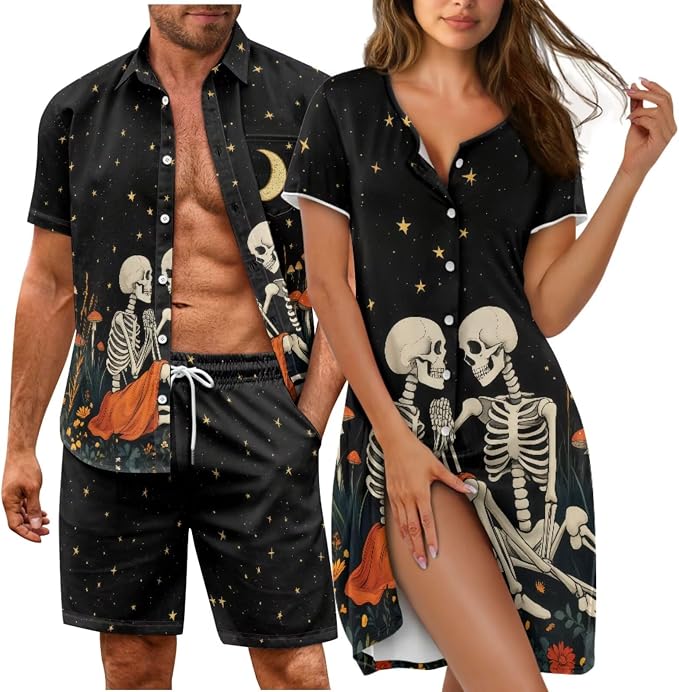 Couples Pajamas Sets Short Sleeve Plus Size Button Down Pj Soft Cute Pajama Set His and Her Matching Pjs