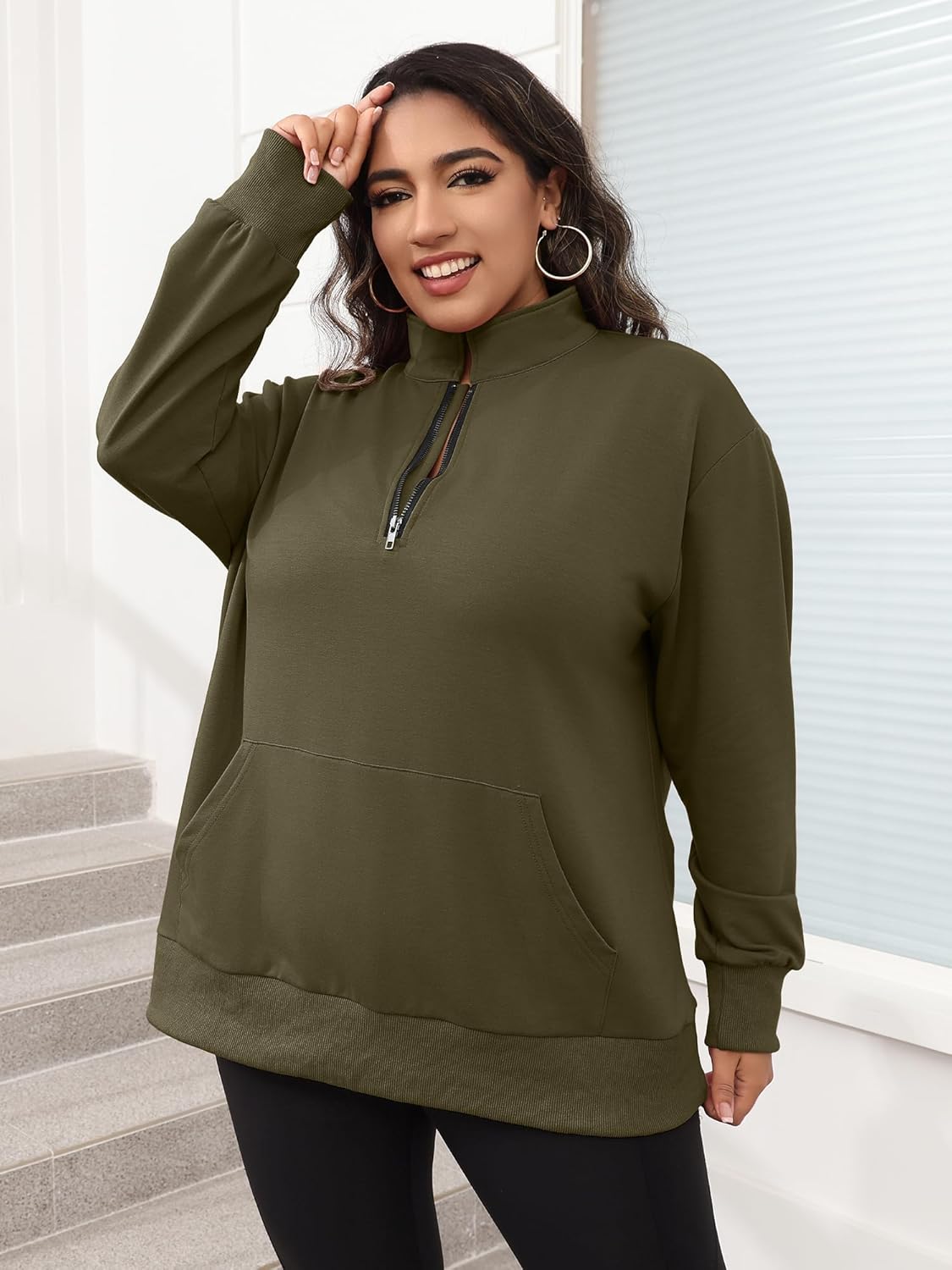 TAKEYAL Plus Size Sweatshirts for Women Pockets Half Zip Pullover Long Sleeve Oversized Drop Shoulder Y2K Clothes - Image 3