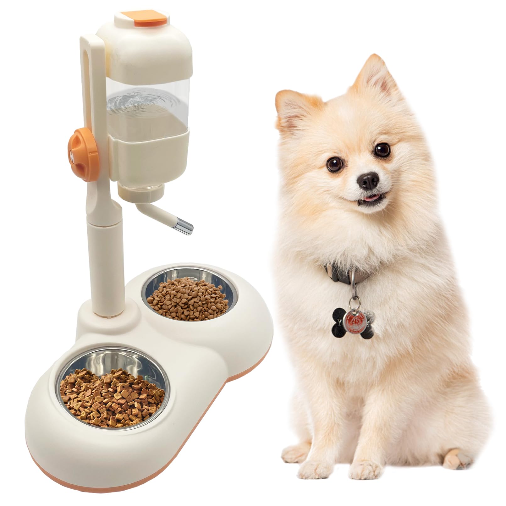 Fhiny Dog Water Feeder Bottle with Stand, Double Bowl Adjustable Automatic Dispenser Water Food for Kennel Leak-Proof No-Drip Pet Slow Water Bottle for Indoor Puppy Durable Drinker (White, 29 oz)