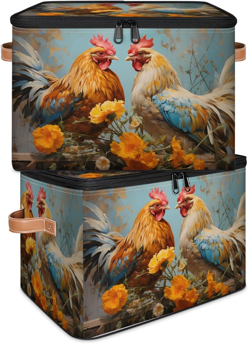 Storage Bin Set of 2 Yellow Flower Rooster Storage Basket with Zipper Lid & Handle Foldable Closet Shelf 2 Pack Cloth Organizer Basket Cube Bins Clothes Organizer for Bedroom, Nursery