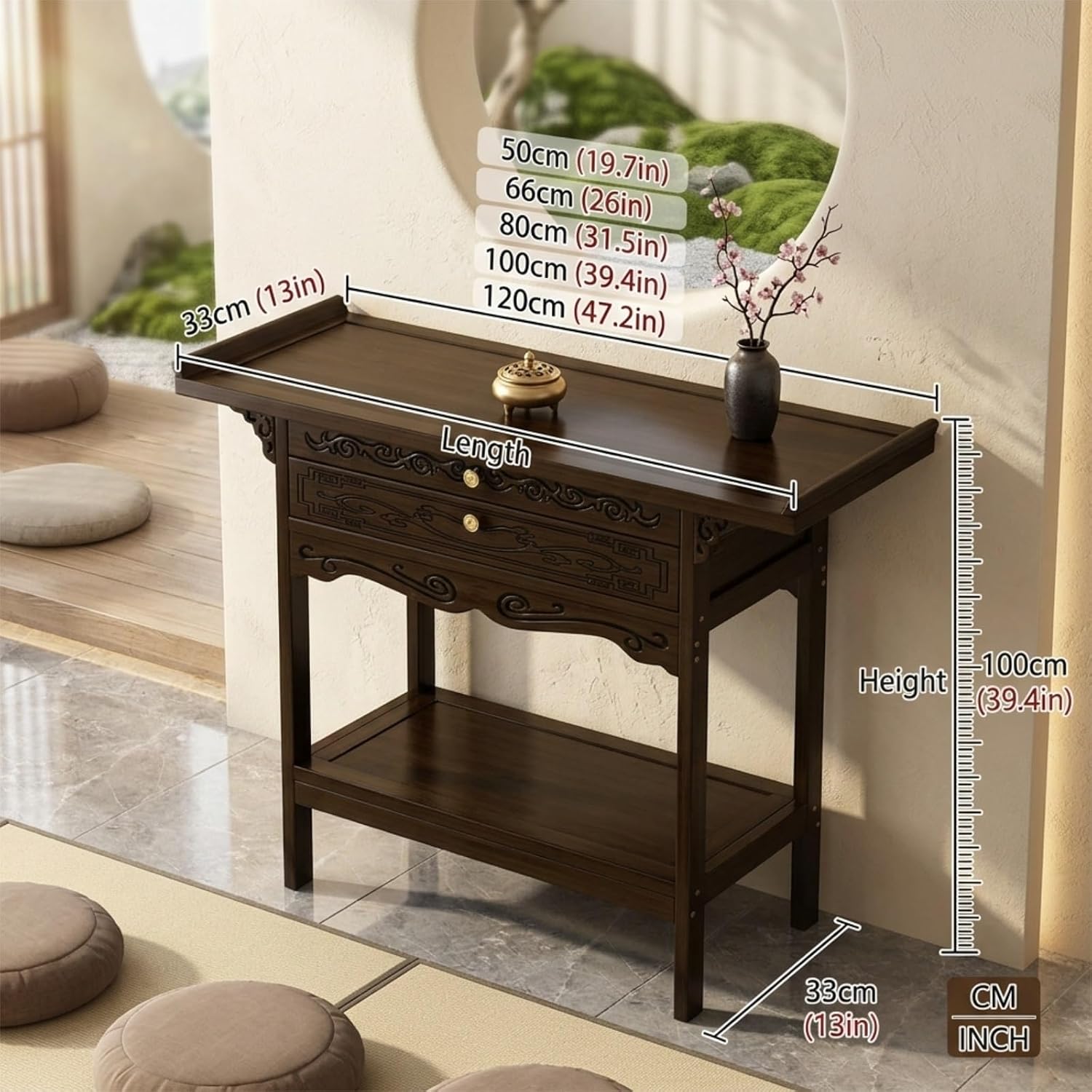 Altar Table with Storage Cabinet and Drawer, Solid Wood Buddhist Altar Stand for Home, Meditation Prayer Table for Buddha Statues Display, Chinese Style Shrine Desk(80cm/31.5in)