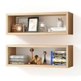 Kaboon 24in Floating Cube Shelves Set of 2, Display Shelves Wall Mount, Decorative Hanging Shelves for Kitchen Living Room Office,(Light Walnut, Rectangle 2 Cubes)