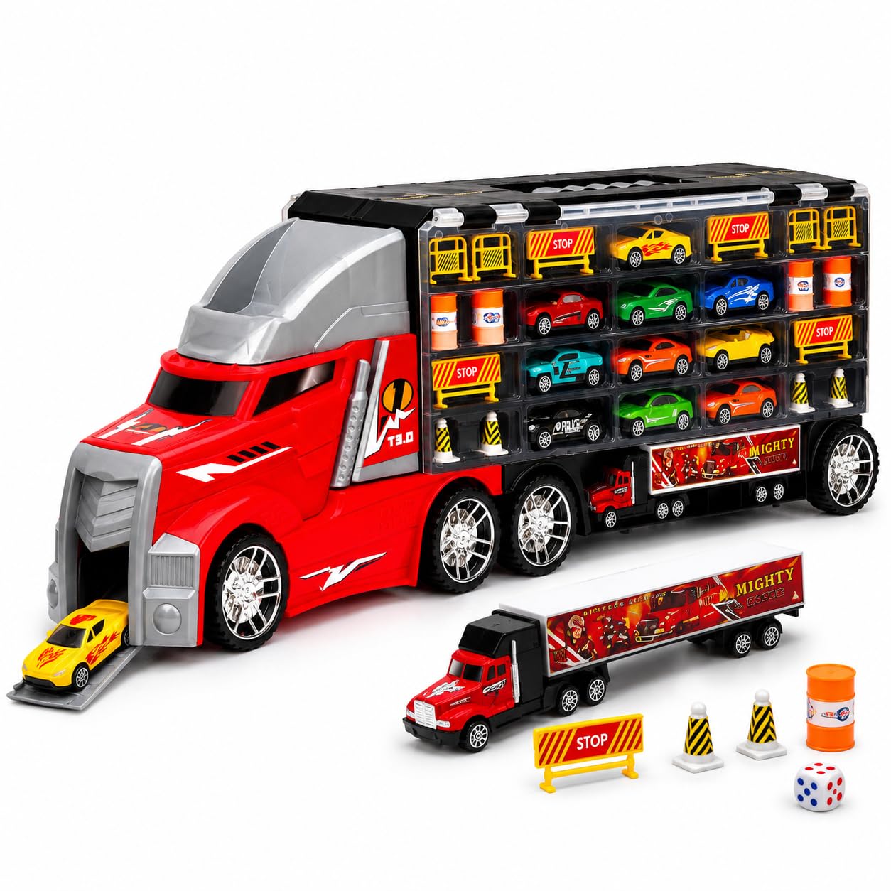 JUKKU 8-Wheeler Car Transporter Truck with 10 Cars, 1 Mighty Truck