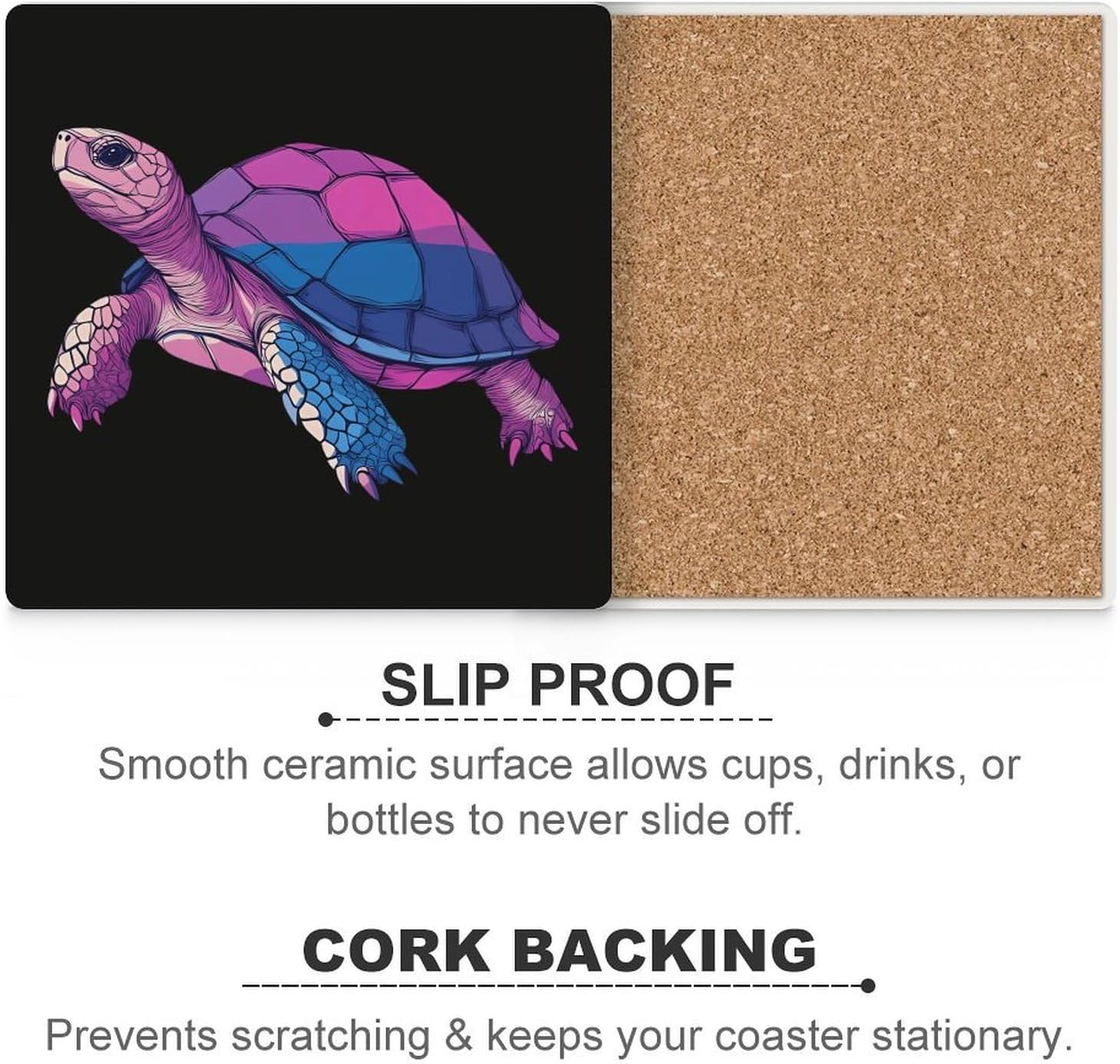 Bisexual Flag Turtle Funny Ceramic Coasters for Drinks Absorbent Cup Holder Tabletop Protector with Cork Base