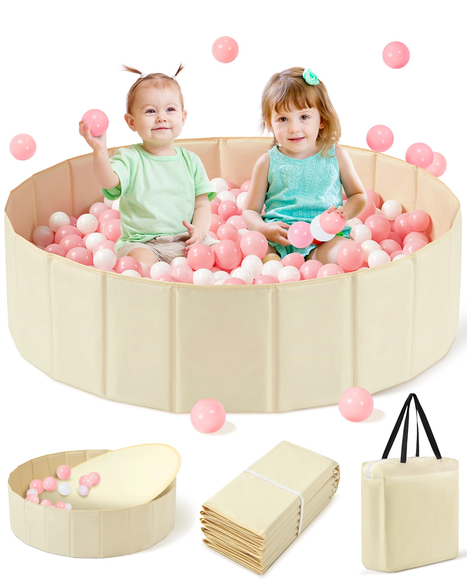 Hikiddy Large Ball Pit for Toddlers - 44 in Baby Ball Pit with Pop-Up Playmat, Foldable Kids Ball Pool, Dog Play Pit, Indoor and Outdoor Use, Hold Over 800 Balls, Balls Not Include (Beige)