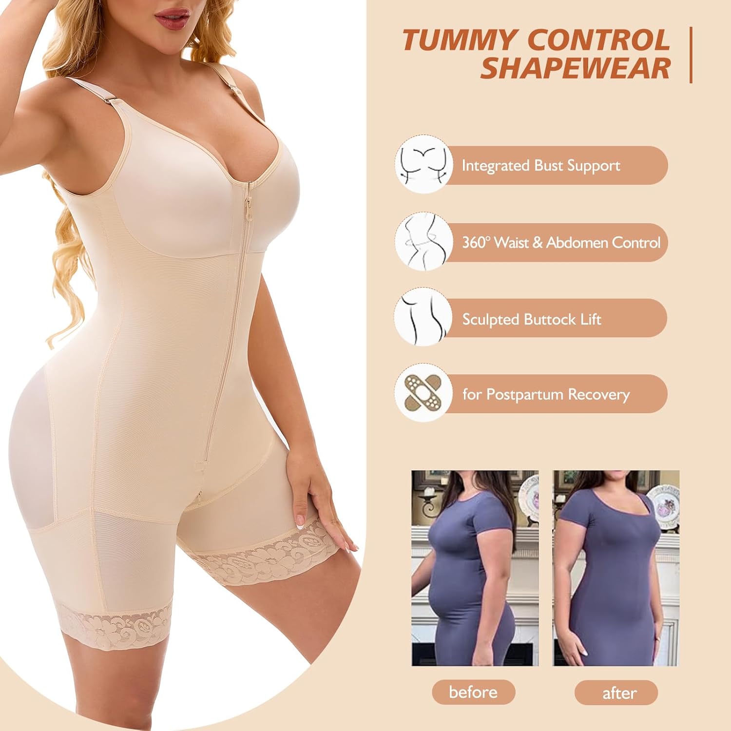 Fajas Colombianas Postpartum Full Shapewear for Women Tummy Control Body Shaper Butt Lifter with Zipper Crotch - Image 4