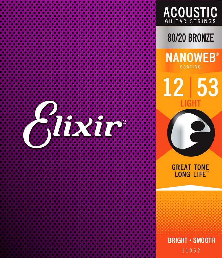 Elixir 80/20 Bronze Nanoweb 11052 Light 12-53 Acoustic Guitar Strings 6-Pack w/Bonus Elixir Polishing Cloth