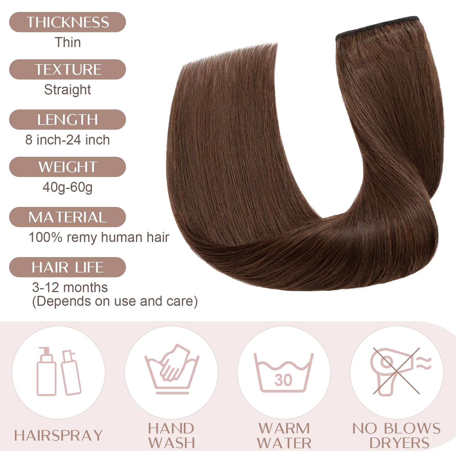 8"(20cm) SEGO Extensiones de Clip de Pelo Natural [#4 Marrón Medio] Cabello Humano 100% Remy Una Pieza Lisa Postizos Pelucas Human Hair (40g) - 5