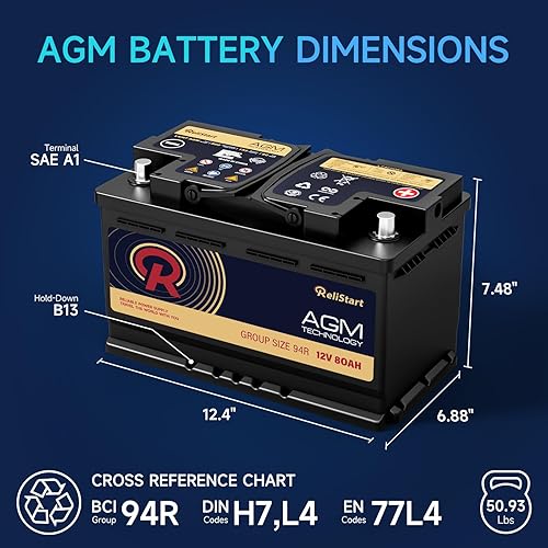 Miniatura 2 de Batería AGM BCI Group 94R - Batería de automóvil de 12 V, 80 AH, H7, tamaño 94R, baterías de automóvil AGM de arranque de 12 V, ciclo profundo,