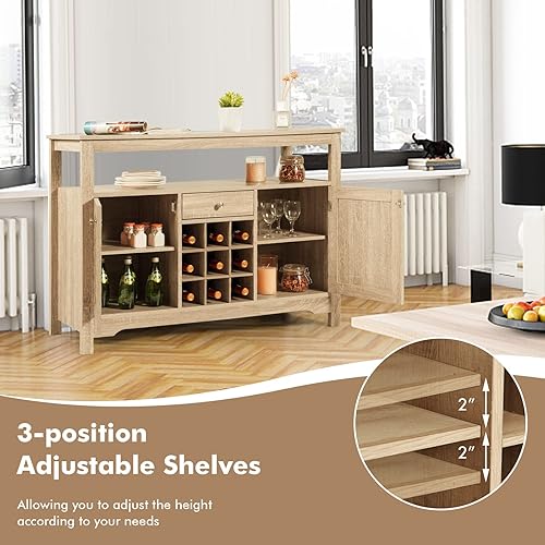 Miniatura 5 de COSTWAY Armario buffet con almacenamiento, aparador de almacenamiento de cocina con 9 estantes para vino, 2 gabinetes, 1 cajón, estante abierto,