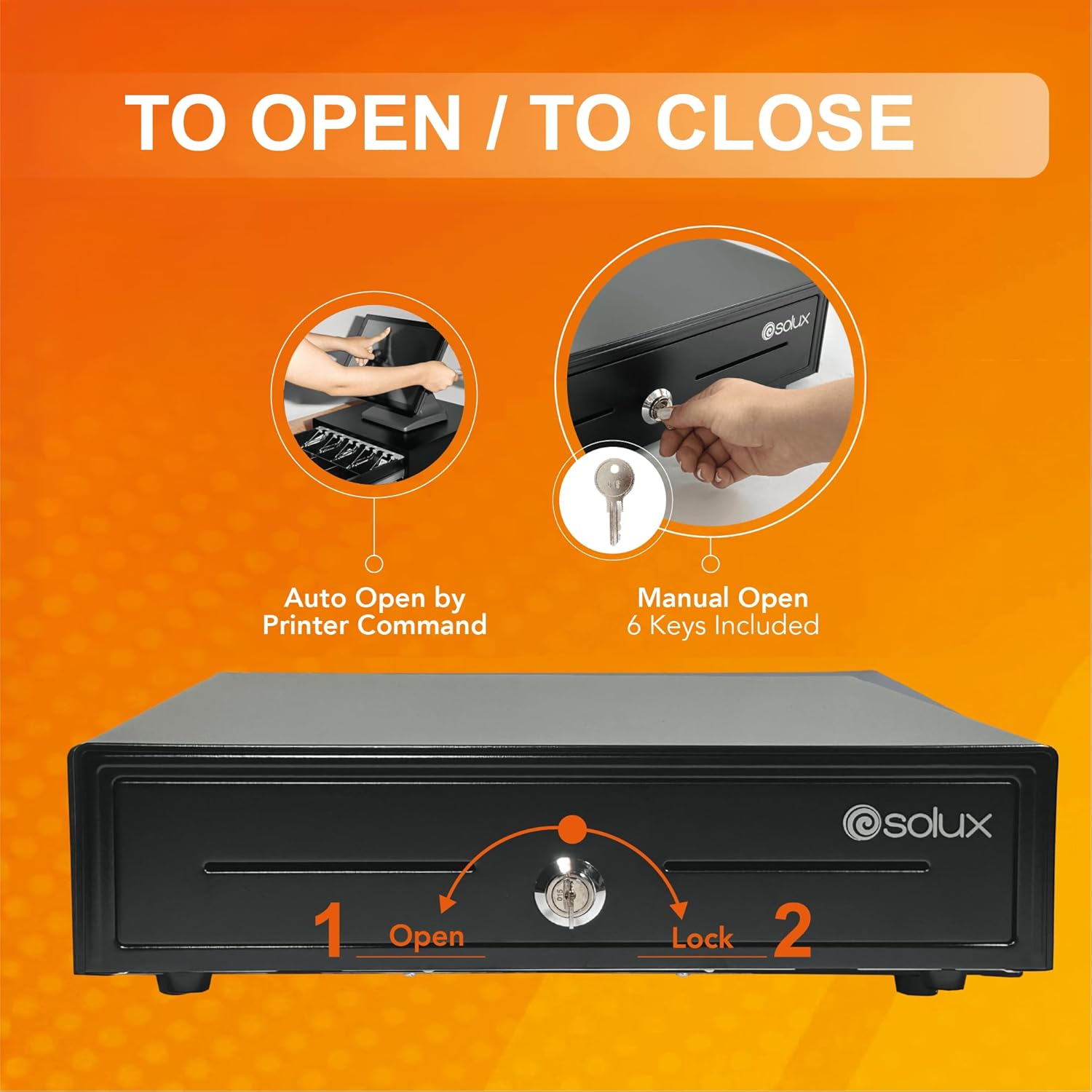 Illustration of how to open and close the SOLUX cash drawer, showing auto-open by printer command and manual open with keys.