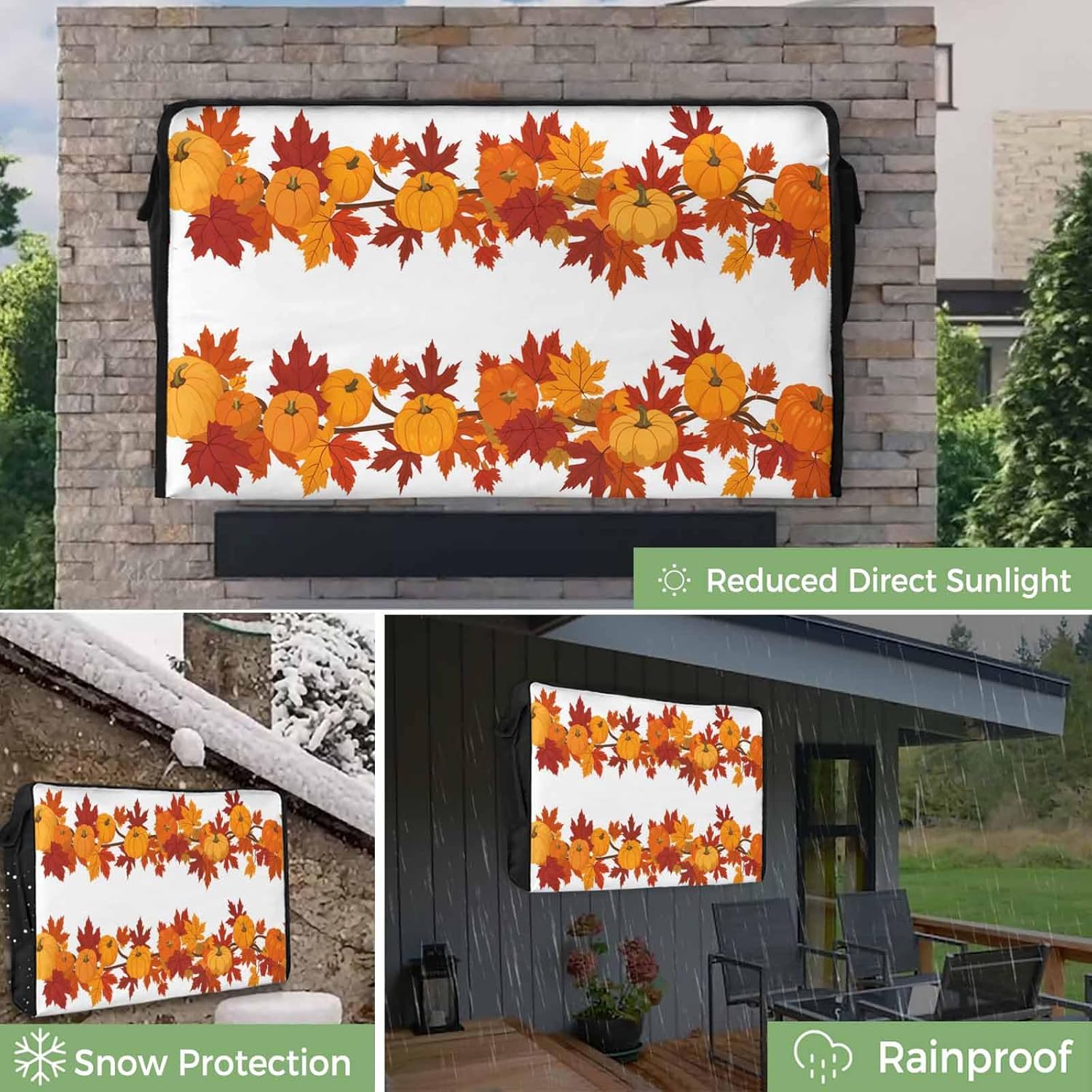 Pumpkin for Thanksgiving Outdoor TV Cover Maple Leaf Autumn Orange Waterproof and Weatherproof 80"-85" LCD Movable Shield TV Display Screen Protector Outside Television Covers 75"Wx45"H