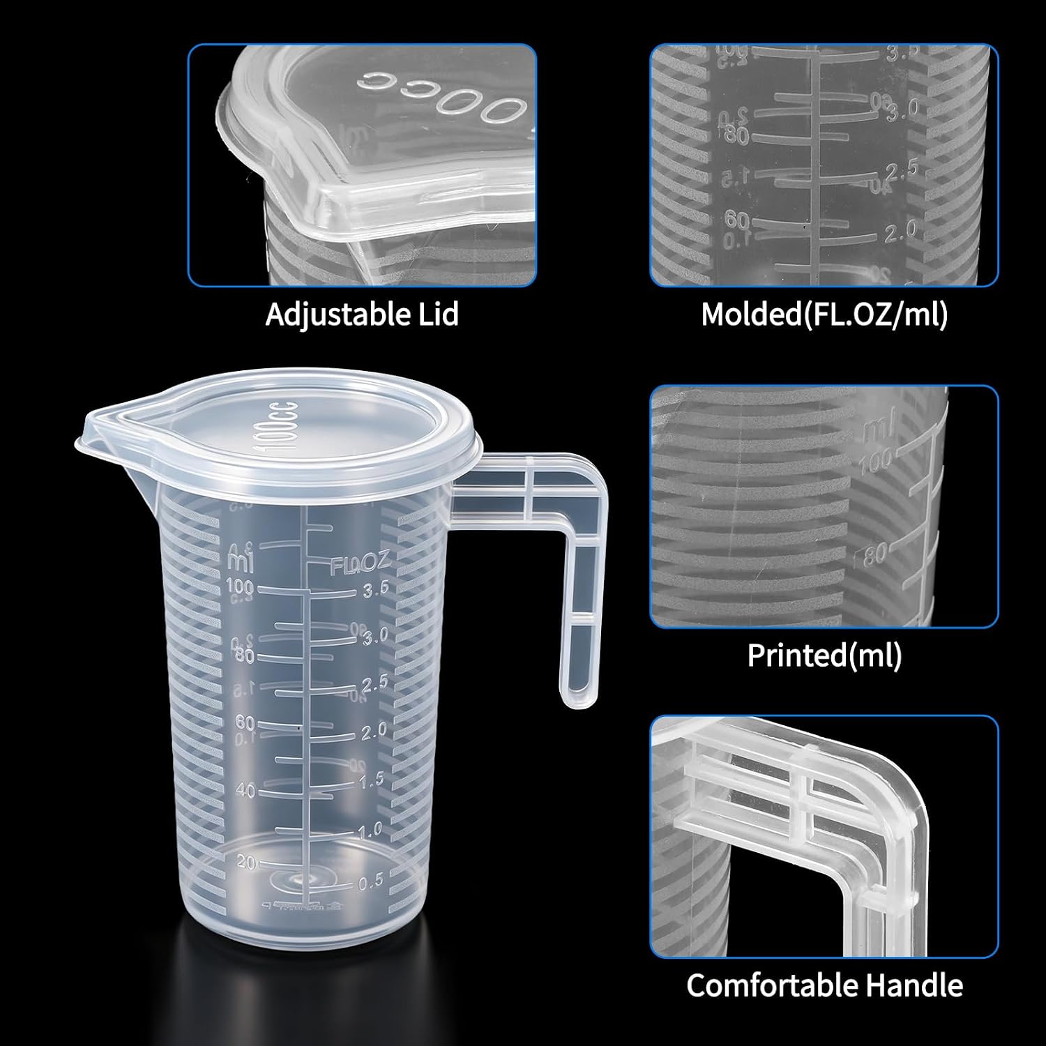 100ml Plastic Graduated Beaker, 2 Pack Oil Measuring Container Liquid Measuring Cups with Handle Lid, Plastic Beakers Measuring Pitcher for Laboratory Use, Pet Food, Kitchen, Baking