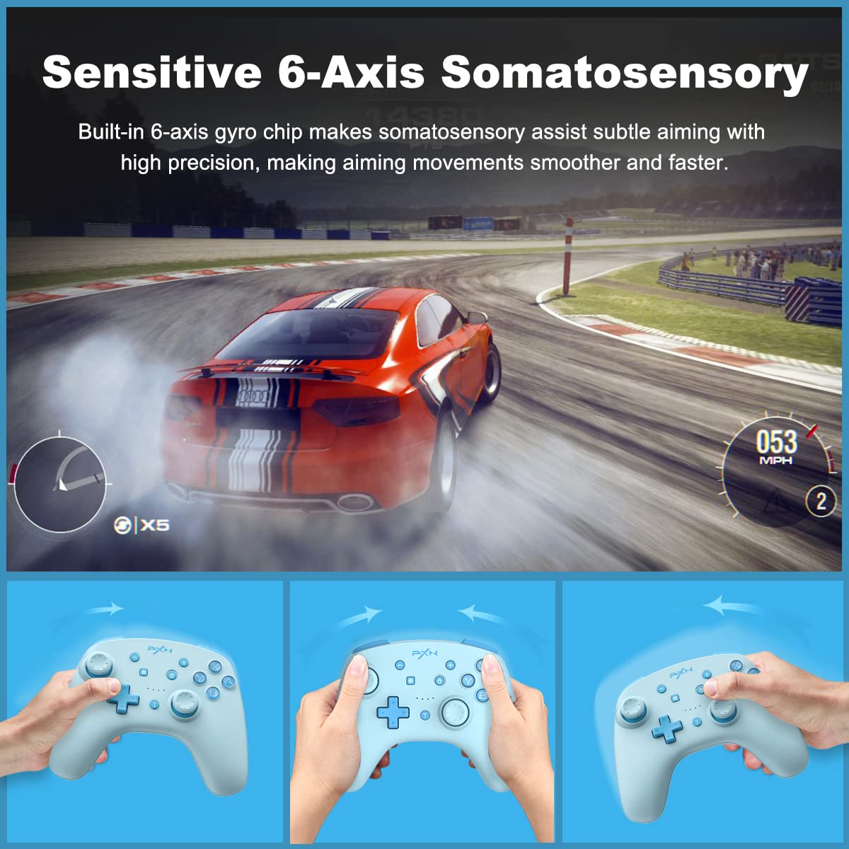 PXN 9607X controller demonstrating 6-axis somatosensory motion control in a racing game
