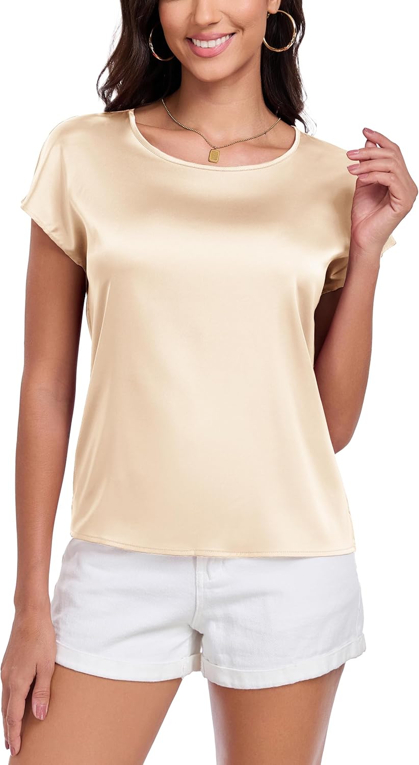 Wantschun Womens Silk Satin Shirt Casual Cap Short Sleeve Blouse Basic Round Neck Work Tops - Image 4