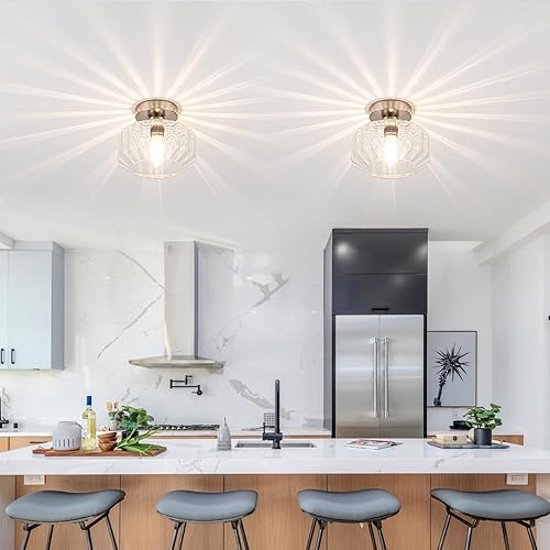 Miniatura 4 de Lámpara de techo semiempotrada de níquel cepillado con vidrio texturizado y bombillas LED de 1200 lúmenes incluidas, moderna luz de pasillo y baño