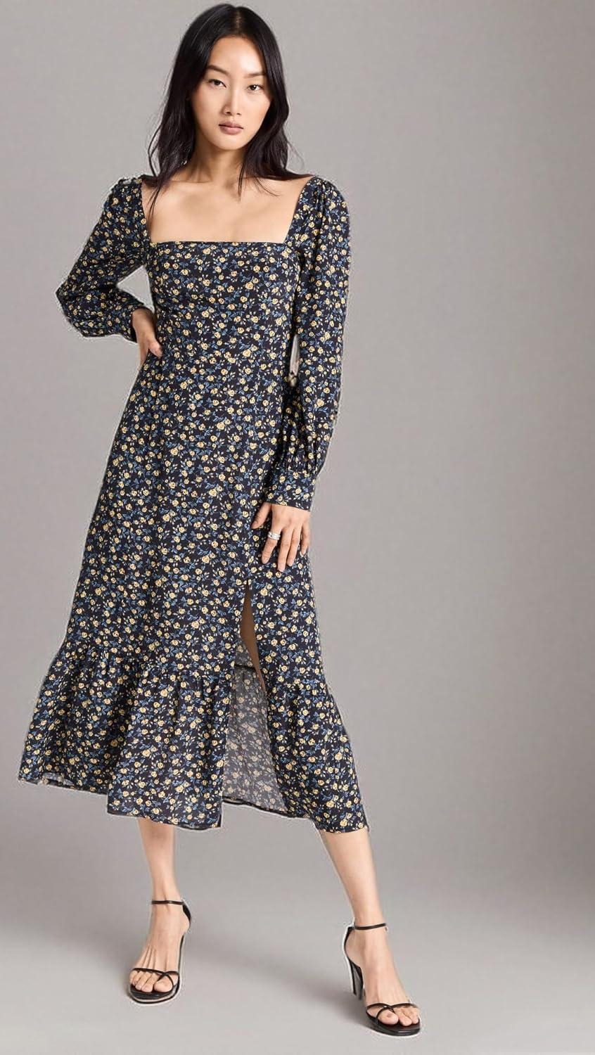 PAIGE Women's Bacari Long Sleeve Midid Dress with Smocking in The Back in Black Multi - Image 7