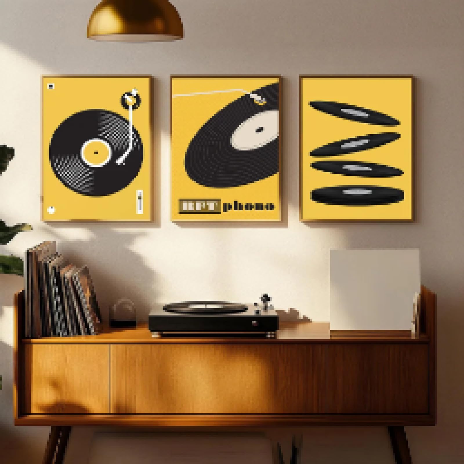 LMAIWANG Kreskówka abstrakcyjna prosta muzyka odtwarzacz płyt winylowych plakat sztuka ścienna obraz dom kawiarnia restauracja wystrój 50x70cmx3 ramki