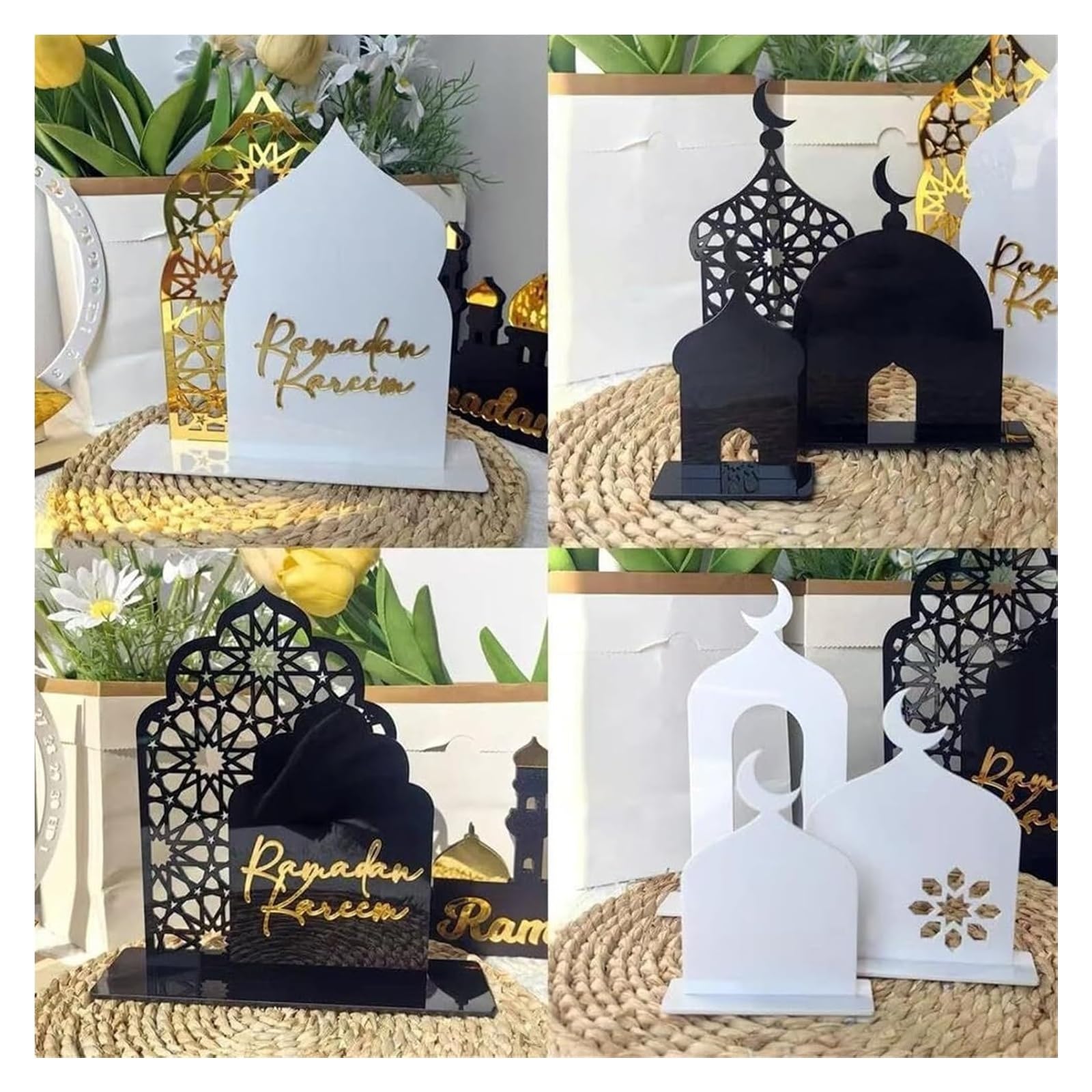 Ozdoby ramadanowe na domowy stół, Ramadan muzułmańska ozdoba na biurko półksiężycowy zamek akrylowy znak islamskie muzułmańskie prezenty(Black)