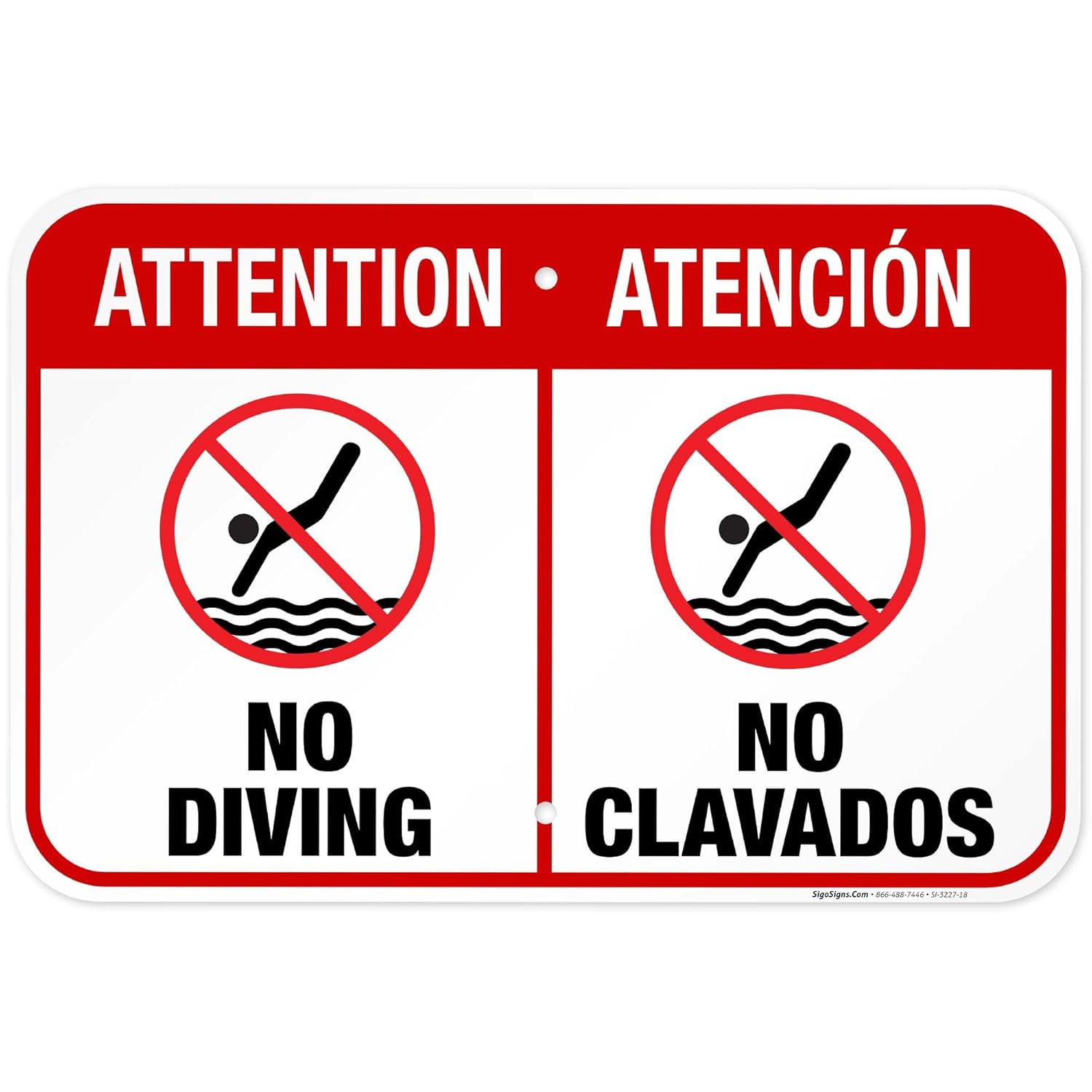 No Diving Pool Sign, Bilingual English Spanish, 12x18 Inches, Rust Free .063 Aluminum, Fade Resistant, Made in USA